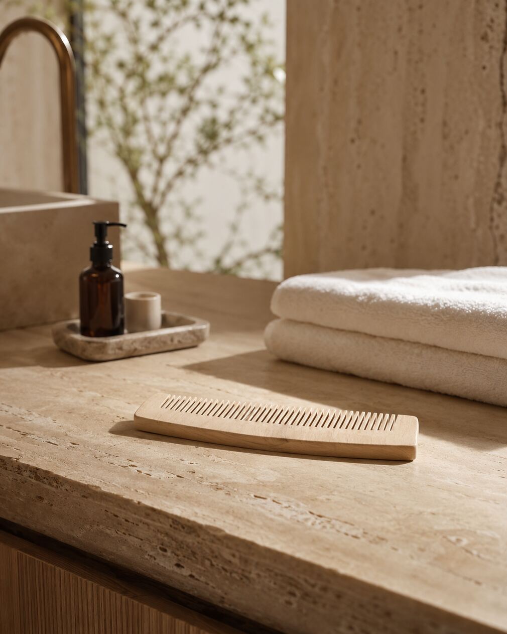 Bathroom counter with towels and amenities