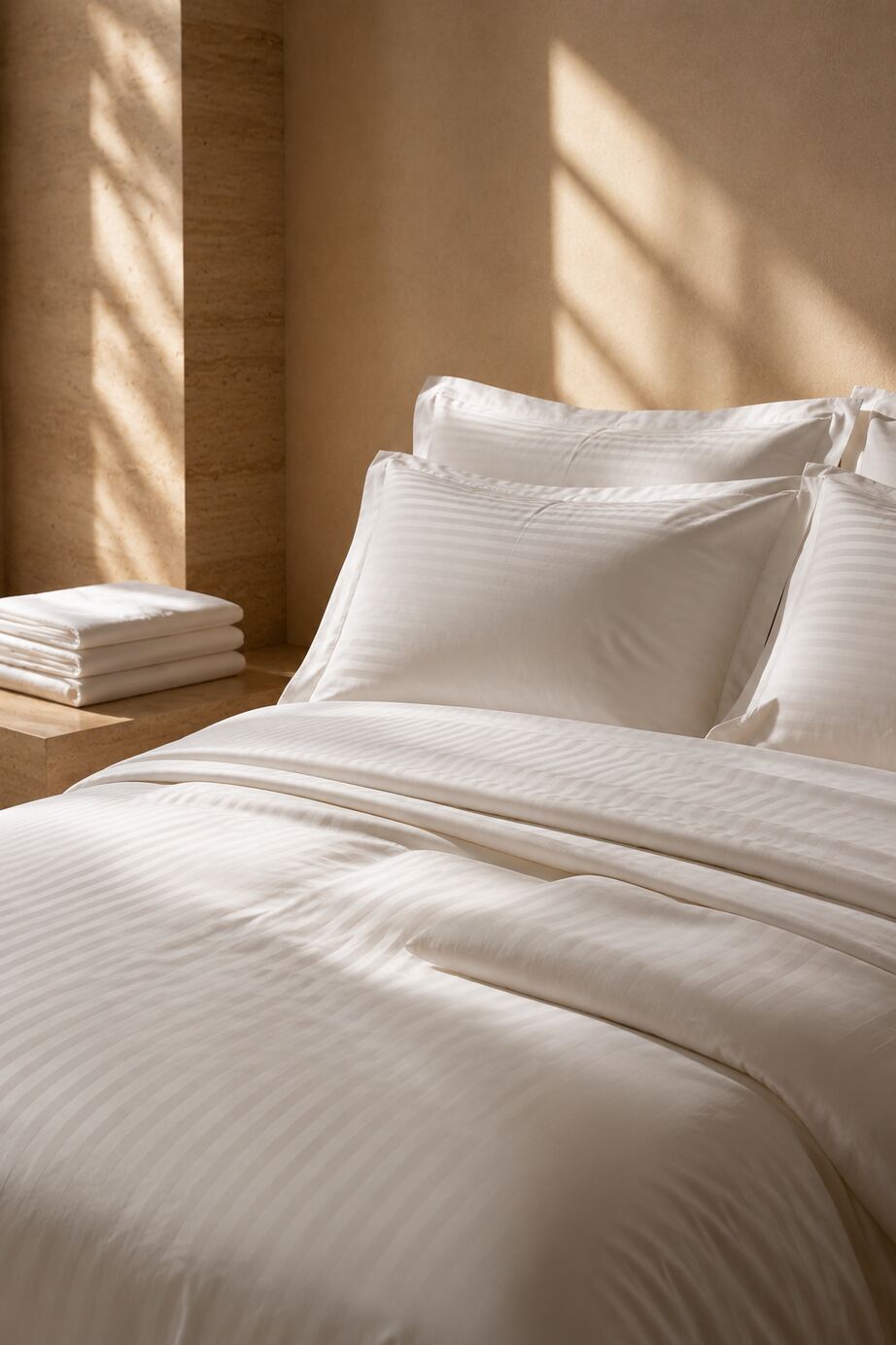 Folded white hotel bedding and pillows