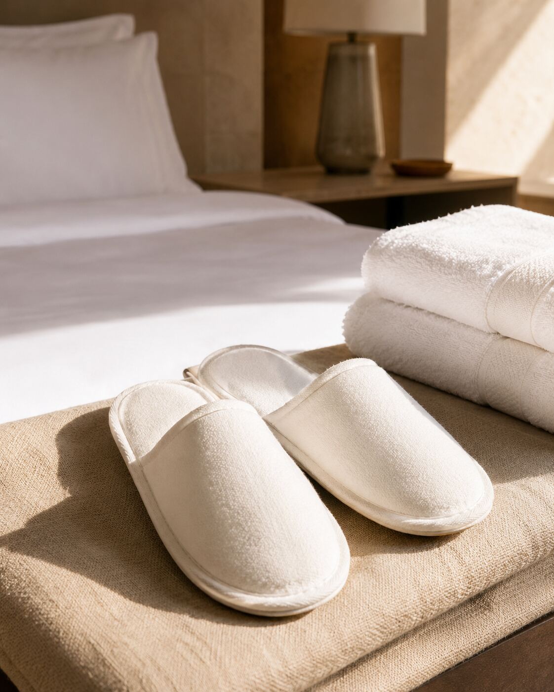Guest room amenity set on a bathroom counter