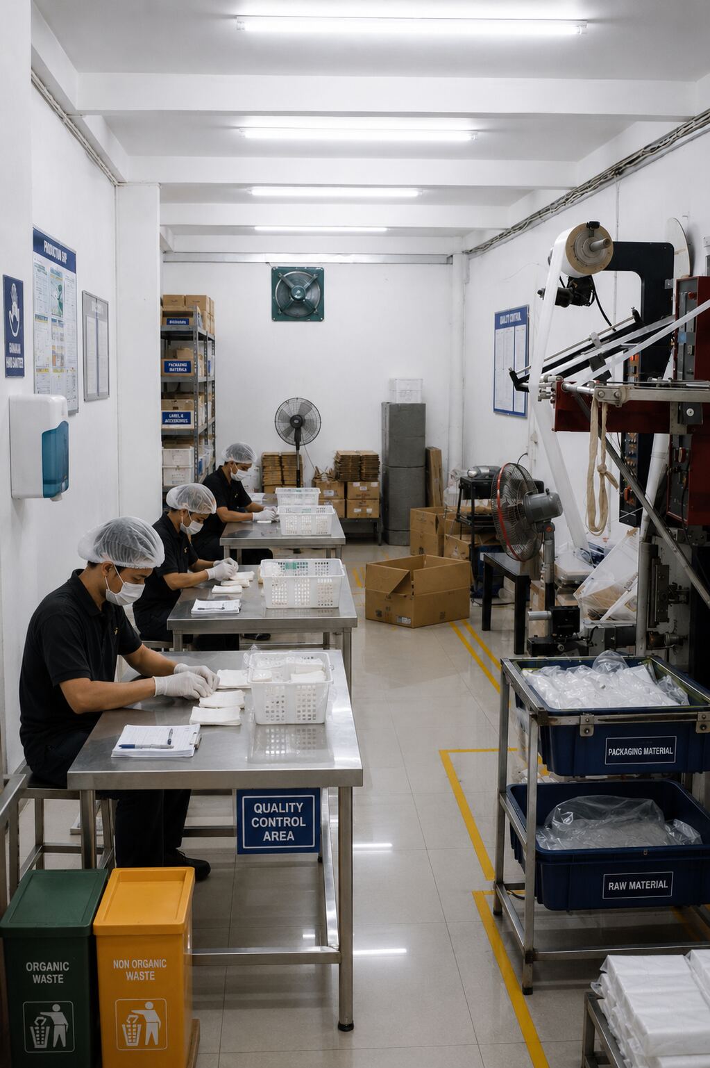 Production floor with staff assembling amenity kits
